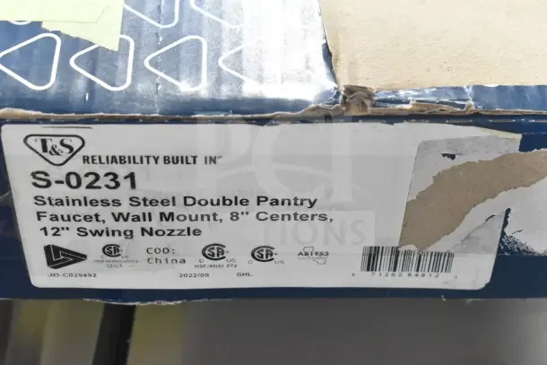 Brand new Eversteel by T&S S-0231 stainless steel wall mount double pantry faucet with 12" swing nozzle, scratch and dent condition.