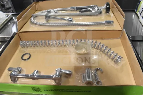 BRAND NEW Regency 600PRW8X, 1.15 GPM wall-mounted pre-rinse faucet, 8" centers, 44" hose, Fetco, slight cosmetic imperfections.