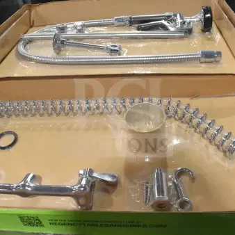 BRAND NEW Regency 600PRW8X, 1.15 GPM wall-mounted pre-rinse faucet, 8" centers, 44" hose, Fetco, slight cosmetic imperfections.