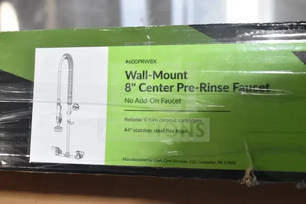 Brand new scratch and dent Regency 600PRW8X wall-mount pre-rinse faucet with 8" centers, 44" hose, and 1.15 GPM.