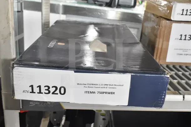 BRAND NEW SCRATCH AND DENT Waterloo 750PRW8X 1.15 GPM wall-mounted pre-rinse faucet by Fetco, boxed with visible packaging wear.