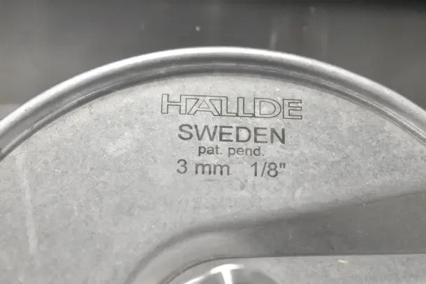 Hallde stainless steel slicing plate, Sweden, pat. pend., 3mm 1/8" marking, key feature for slice precision.