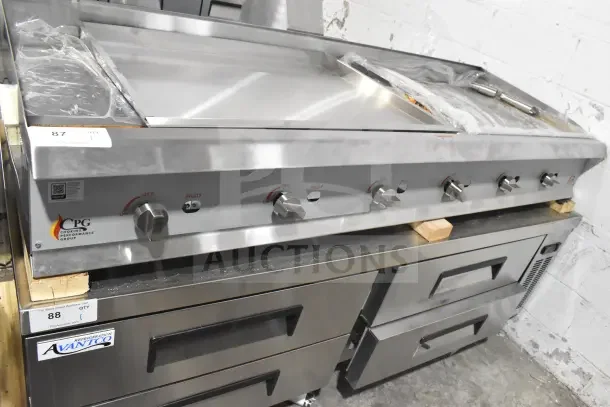 Brand new Cooking Performance Group GM-CPG-72-NL 72" gas countertop griddle, manual controls, 180,000 BTU.