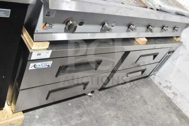 Brand new 2025 Avantco 178CBE72HC commercial 4-drawer chef base, 115V, visible scratches and dents, Avantco label shown.