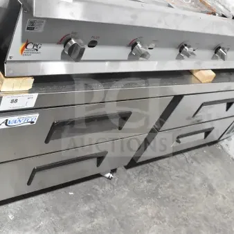 Brand new 2025 Avantco 178CBE72HC commercial 4-drawer chef base, 115V, visible scratches and dents, Avantco label shown.