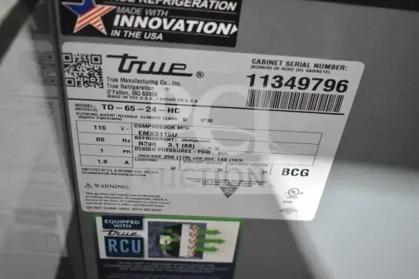 True TD-65-24-HC commercial cooler label, 115V, 1 phase, cabinet serial 11349796, scratch and dent condition.