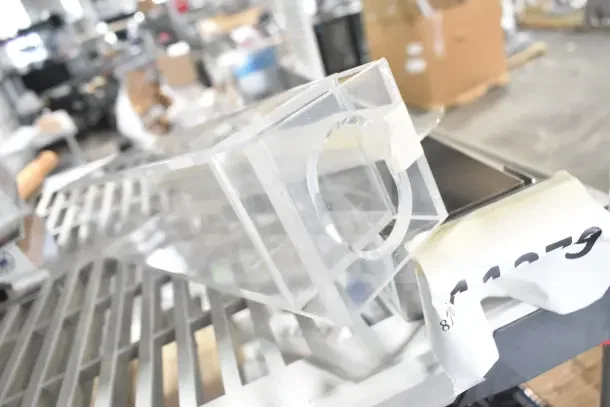 Clear acrylic Cal-Mil C971-5INF infusion chamber for 5-gallon beverage dispenser. Brand new, with protective tape and label.