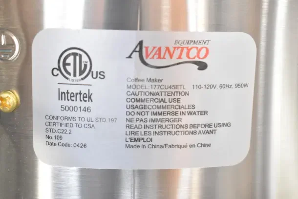 Brand new Avantco 177CU45ETL coffee urn label, 45-cup capacity, stainless steel, 120V, ETL-listed for commercial use.