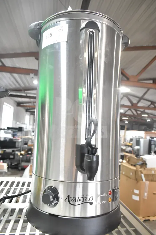 Brand new Avantco WB29L 7.6-gallon water boiler, 196-cup capacity, scratches visible, 120 volts, 1 phase.