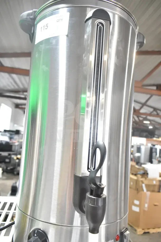 Brand new Avantco WB29L 7.6 Gallon Water Boiler with slight dents. Holds 196 cups; 120V, 1 phase. Visible max level gauge.