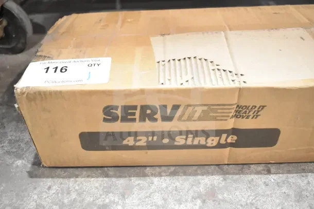 Cardboard box containing a ServIt 423SW42THA 42" Strip Warmer, brand new with scratch and dent, visible auction label #116.