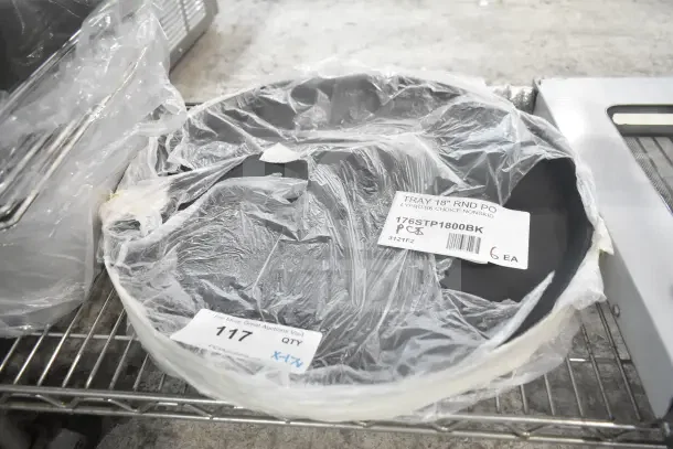 17 BRAND NEW items including 176STP1800BK Choice 18" black non-skid serving trays. Tagged and wrapped. Quantity 17.