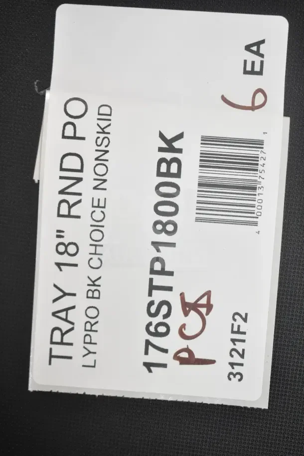 Label for Choice 18" Black Round Non-Skid Serving Tray, model 176STP1800BK, in new condition.