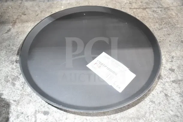 17 BRAND NEW SCRATCH AND DENT! Black round non-skid serving tray, model 176STP1800BK. Includes stainless steel drop-in bins.