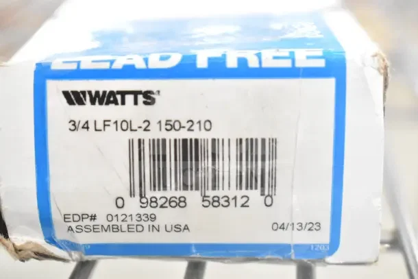 Box with Watts label reading "3/4 LF10L-2 150-210," barcode, EDP# 0121339, "Assembled in USA," dated 04/13/23.