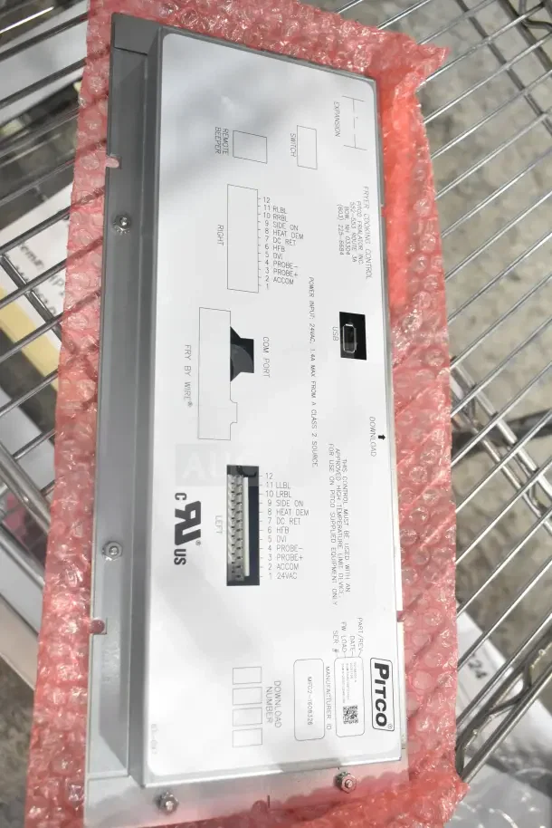 Pitco 60198705-C Computer control unit, new, packaged in bubble wrap, labels indicating ports and serial numbers.