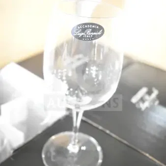 Luigi Bormioli Palace 11 oz. white wine glass, scratch and dent, brand new, Accademia logo visible, 24 per case.