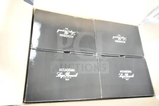 "New Luigi Bormioli Palace wine glasses, 11 oz, 24/case. Scratch and dent condition. Boxes marked 'Accademia Luigi Bormioli.'"
