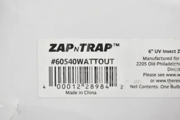 Label of Zap N Trap UV Insect Zapper Bulb, 40 Watt, Model 60540WATTOUT, barcode shown, made in China.