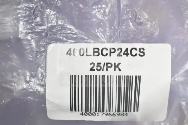 Image shows packaging with a label reading "460LBCP24CS 25/PK" and a barcode, indicating a set of Regency clip-on label holders.