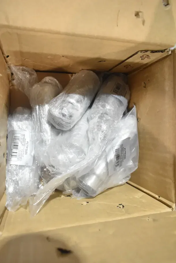 Box of brand new unwrapped items including Avantco 177F2LEG 5" extended legs, labeled with product codes.