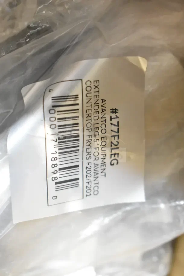 Plastic packaging with a label for Avantco #177F2LEG 5" extended leg for countertop fryers F202/F201. Barcode visible.