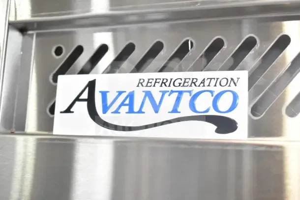 Brand logo on Avantco 178Z2RGHC cooler. Commercial 2-door reach-in design, 115V, 1 phase. New, scratch and dent condition.