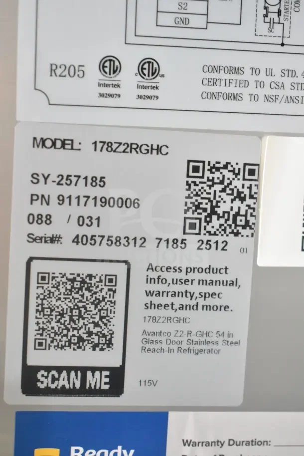Avantco 178Z2RGHC label showing model, SY-257185, 115V, and QR code for product info. Certified to UL, CSA, NSF standards.