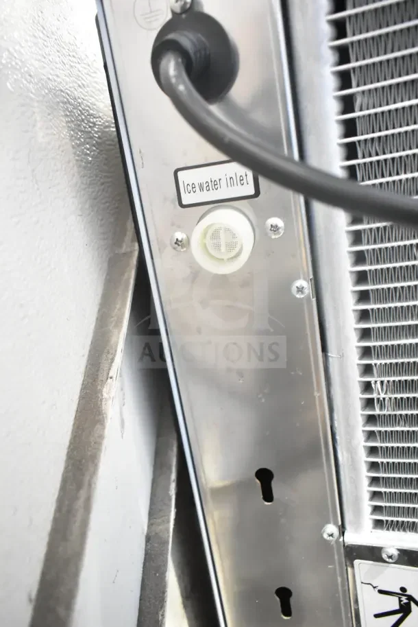 Avantco 194MCF322A ice machine detail showing "ice water inlet" label, power cord, and metal panel in new condition.