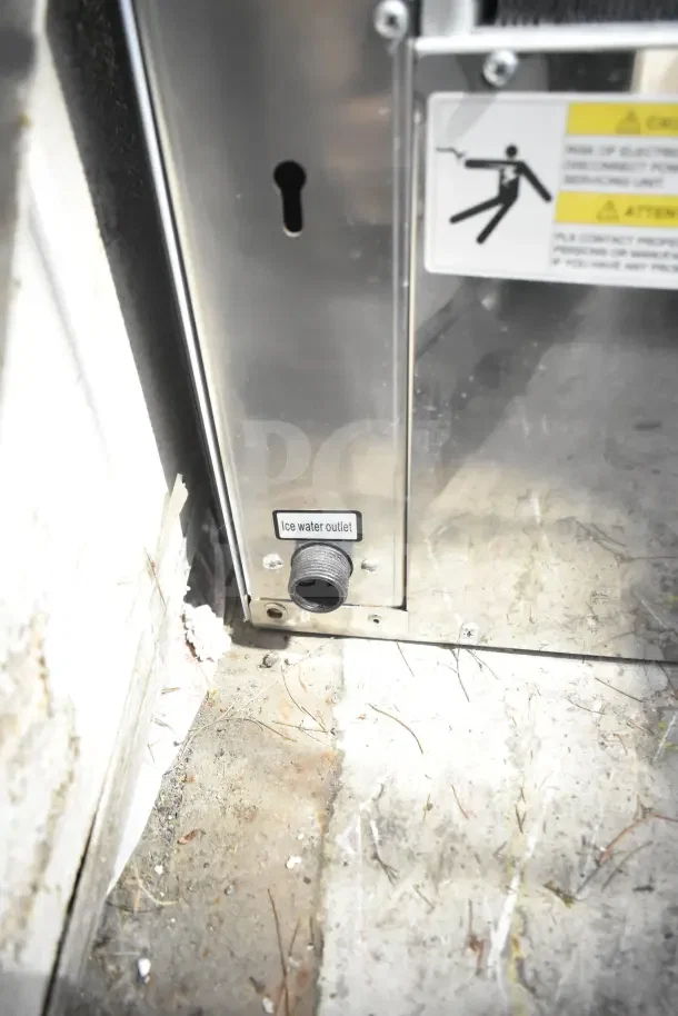 Brand new Avantco 194MCF322A ice machine, 344 lb capacity, visible "Ice water outlet" marking, minor scratch and dent.