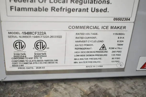 Brand new Avantco 194MCF322A commercial ice machine, 344 lb capacity, 115V, 1 Phase. Visible labels indicate certifications, model, and specs.