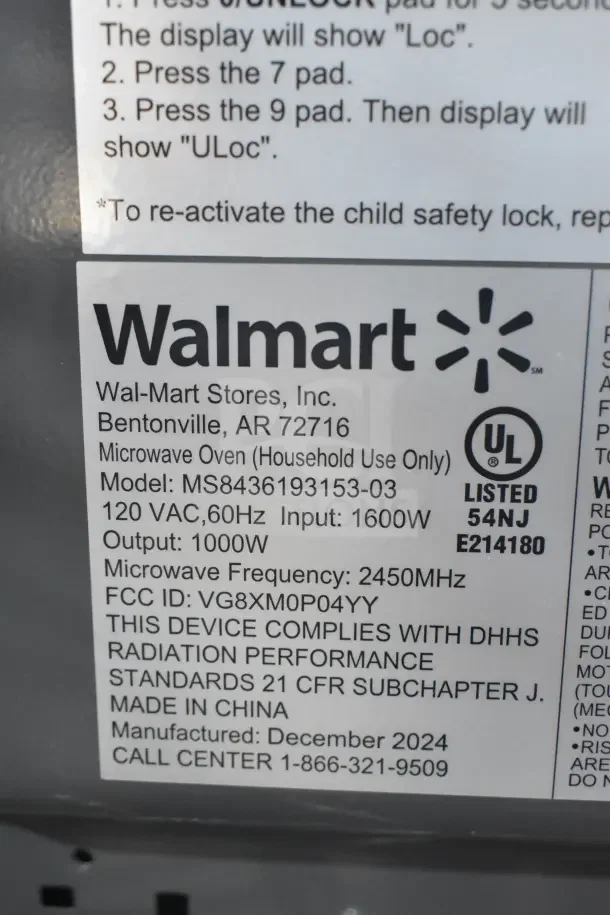 Hamilton Beach MS8436193153-03 microwave label showing model, input 1600W, output 1000W, and compliance details.
