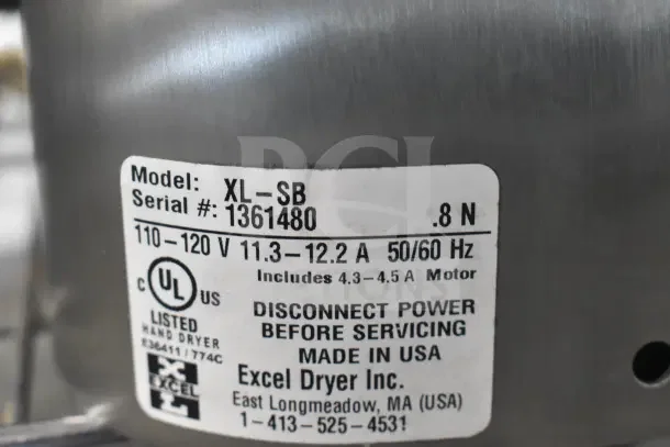 Excel XL-SB Wall Mount Hand Dryer, 120 Volts, 1 Phase, UL listed, Serial #1361480, made in USA, 11.3-12.2 A, 50/60 Hz.