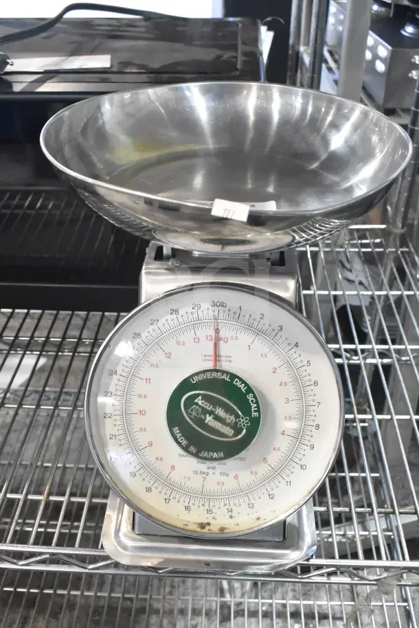 Yamato Accu-Weigh SM(N) Universal Dial Scale, stainless steel, clear dial markings, "Made in Japan," gently used condition.