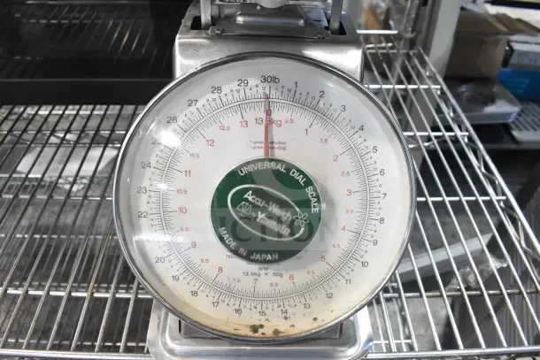Yamato Accu-Weigh SM(N) Universal Dial Scale, 30 lb capacity, durable metal body, Made in Japan, minor wear visible.
