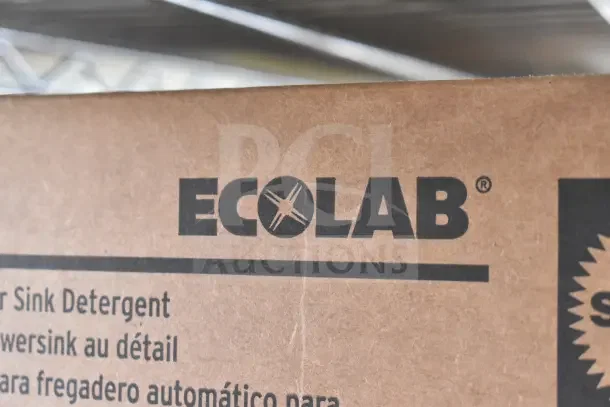 Ecolab Power Sink Detergent box with branding text. Auction lot includes seven items, enhancing bid value.