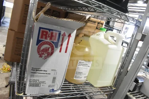 Seven various items on a shelf, including Ecolab detergent and Walmart Clear Sprayable Glaze. Boxes and containers visible.