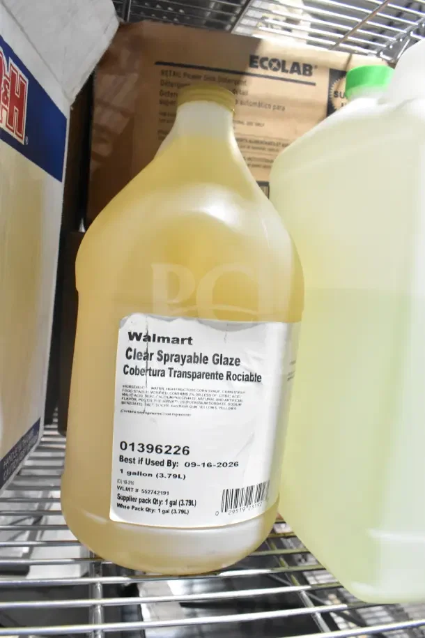 Ecolab Power Sink Detergent and Walmart Clear Sprayable Glaze, both in gallon containers. Auction lot of 7 items.