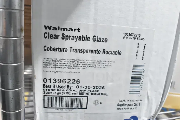Label showing "Walmart Clear Sprayable Glaze," 18 lb, best by 01-30-2026, ingredients listed, store cool dry place.