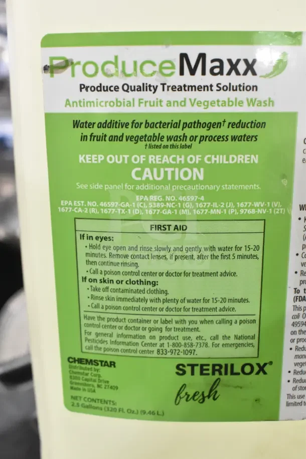Bottle of ProduceMaxx antimicrobial fruit and vegetable wash, 2.5 gallons. Includes first aid instructions and cautionary details.