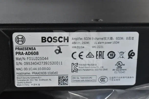 Bosch PRA-AD608 8 Channel Amplifier, 600W, with label showing model, serial number, and compliance markings.