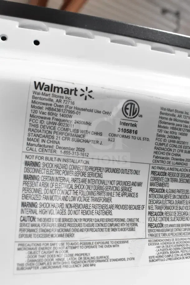 Hamilton Beach HB8436127995-01 Countertop Microwave Oven label showing specifications: 120V, 60Hz, 1400W, 2450MHz.