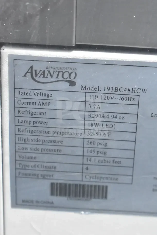 Avantco commercial refrigerated display case model 193BC48HCW label showing technical specifications and voltage details.
