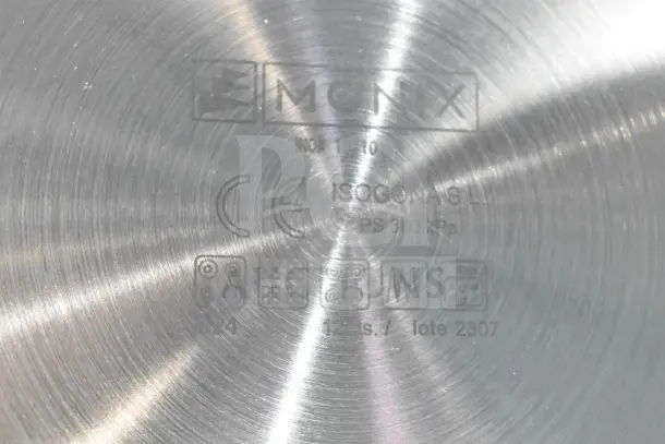 Monix INOX 18/10 Pot, stainless steel, ISOGON 9L, CE marking, suitable for various cooktops, good condition.