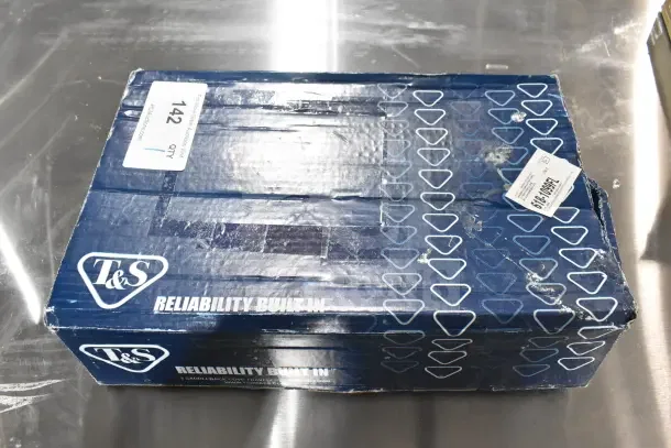T&S B-0100-32H spray valve in original blue packaging with minor dents. Includes 32" stainless hose, 1/2" NPT connection.