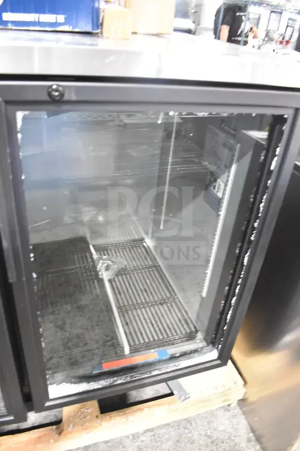 BRAND NEW True TBB-2G-HC-LD back bar cooler merchandiser with 2 glass doors, 115V, minor scratches. Ideal for commercial use.