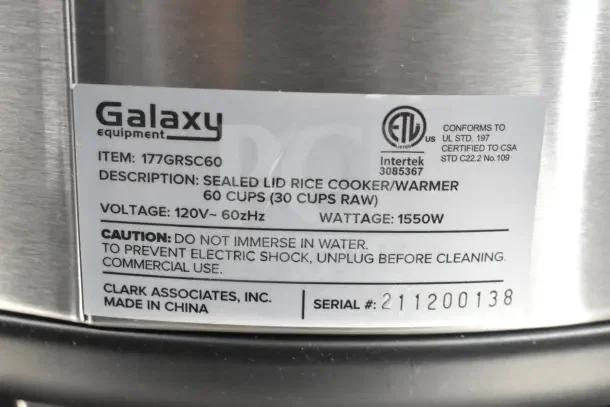 Galaxy 177GRSC60 commercial rice cooker with 60-cup capacity, sealed lid, 120V, 1550W. Scratch and dent. Serial #211200138.