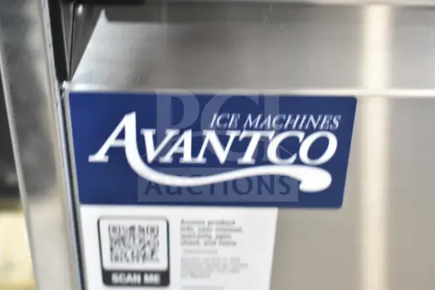 Brand new Avantco 194EUCF230A ice machine, 223 lb. capacity, 77 lb. storage, small scratch, 115V, label visible.