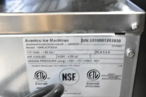 Avantco 194EUCF230A Full Cube Ice Machine label, showing model number, 115 volts, 1 phase, ETL and NSF certifications.
