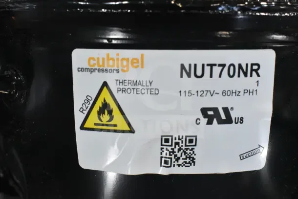 Brand new Cubigel NUT70NR compressor, thermally protected, 115-127V, 60Hz. Label shows R290 refrigerant warning.